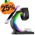 T17 3-in-1 RGB Light Magnetic Wireless Charger for iPhone 12 / 13 / 14 / 15 / 16 Series Desktop Fast Charging Stand Compatible with MagSafe - Black